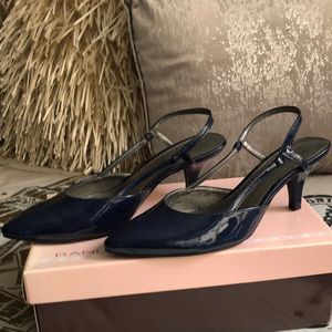 Ladies Low Heeled Navy Patent Sling Back Pumps